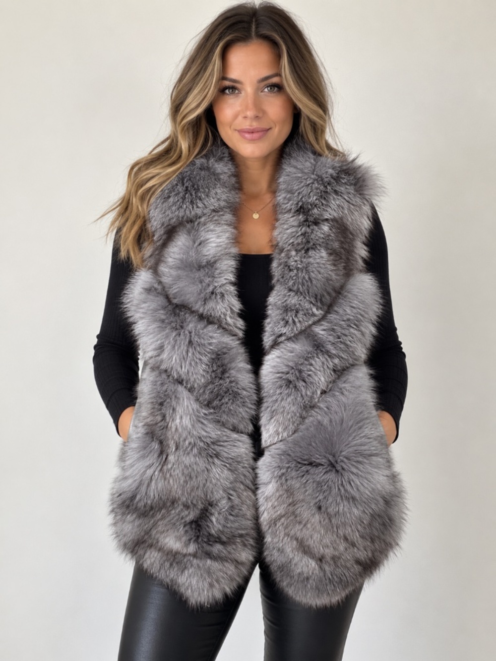 Genuine Silver Fox Fur & Leather Vest Tag 2XL - Fits small/medium